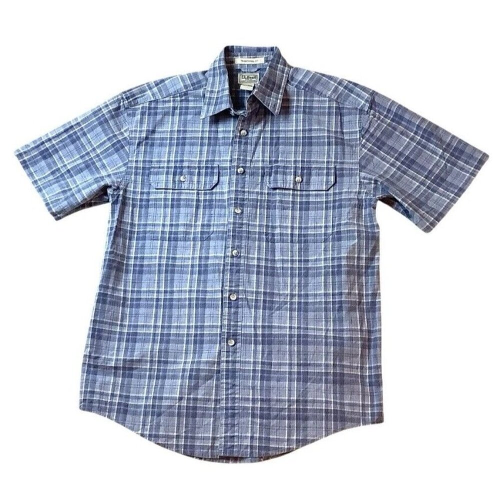 LL Bean Button Up Plaid Traditional Fit Short Sleeve Shirt Mens Size Medium
